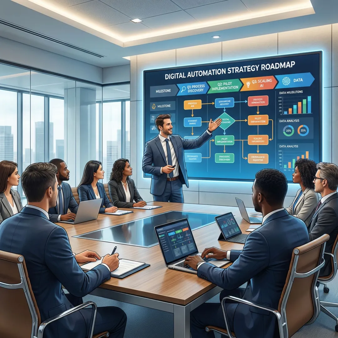 Consultant presenting hyperautomation strategy roadmap to enterprise stakeholders