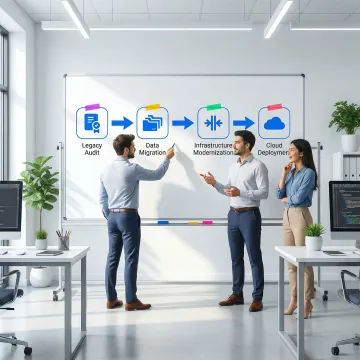 Software modernization process flow showing legacy system assessment through to cloud-native deployment