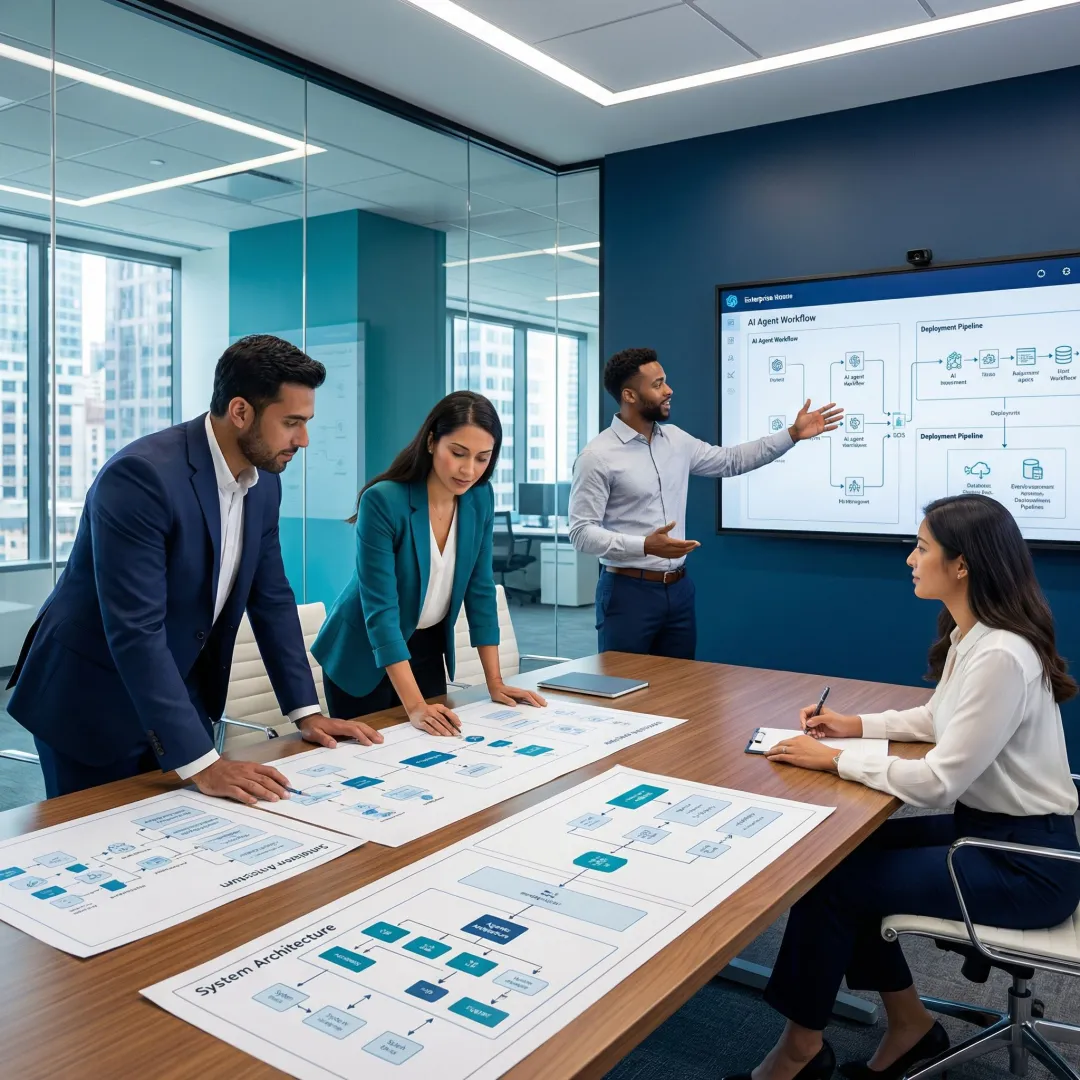 Step-by-step enterprise AI agent deployment process — consultants and engineers collaborating on workflow diagrams and system architecture on a whiteboard.