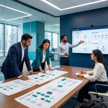 Step-by-step enterprise AI agent deployment process — consultants and engineers collaborating on workflow diagrams and system architecture on a whiteboard.