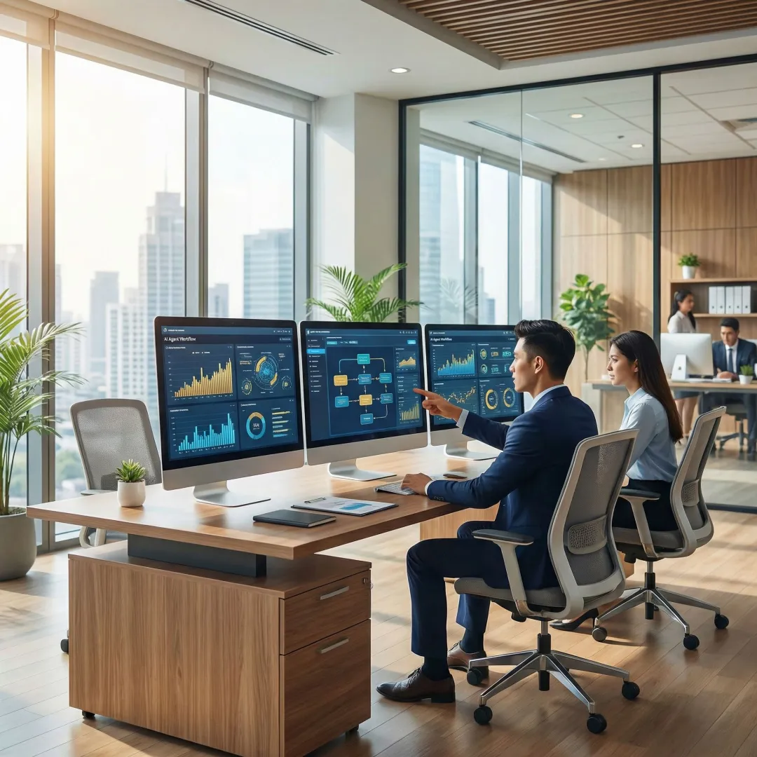 Enterprise AI agent deployment consulting — a team of consultants reviewing AI workflow dashboards on large monitors in a modern office.