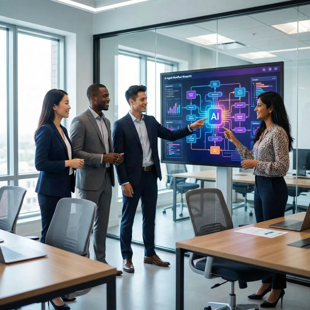 AI development team mapping agentic workflow architecture on a digital whiteboard