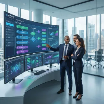 Enterprise team reviewing agentic AI workflow dashboard on large monitor