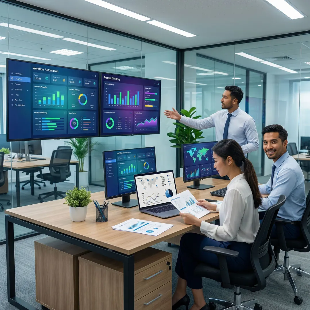 Finance professionals reviewing automated workflow dashboards on multiple screens in a modern office