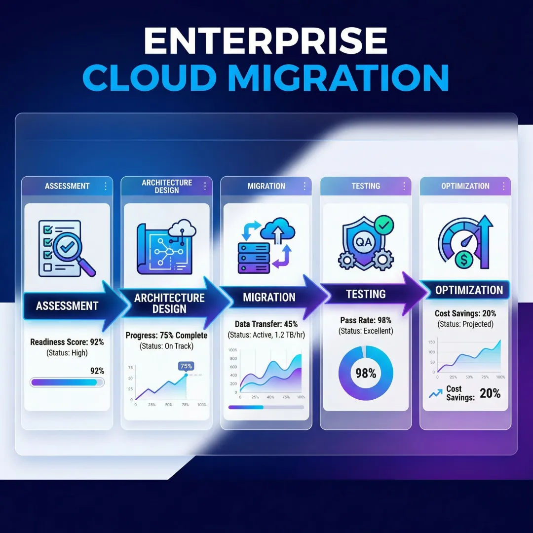 Cloud modernization process — step-by-step migration workflow from legacy systems to cloud-native infrastructure