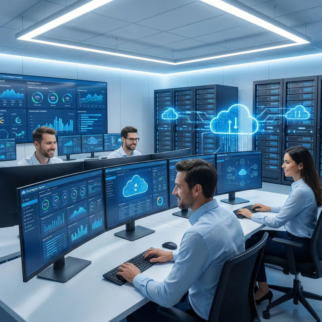 Cloud application modernization — engineers migrating enterprise workloads to cloud-native architecture