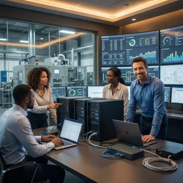 Cloud migration specialists working with manufacturing company IT team on server infrastructure transition