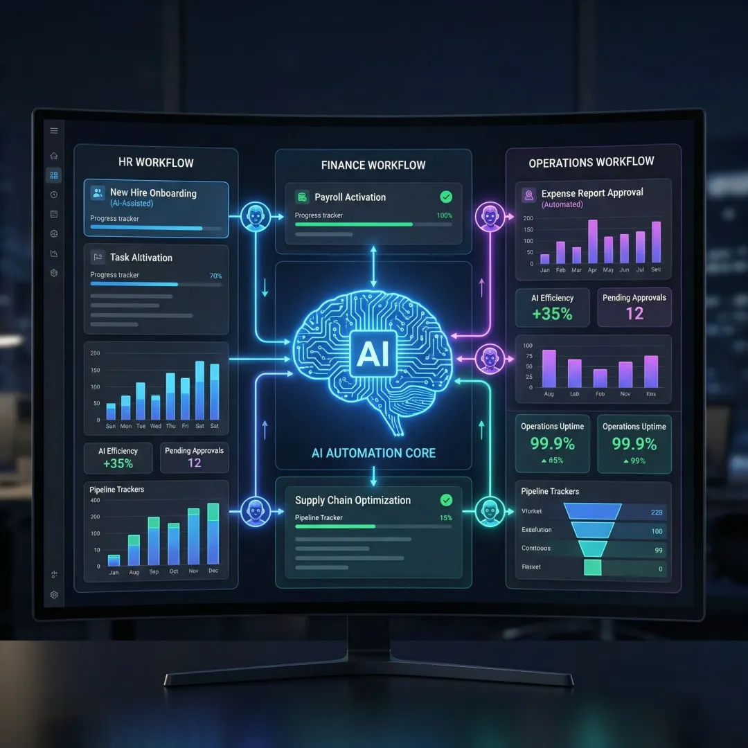 Enterprise AI agent dashboard showing autonomous workflow orchestration across business processes