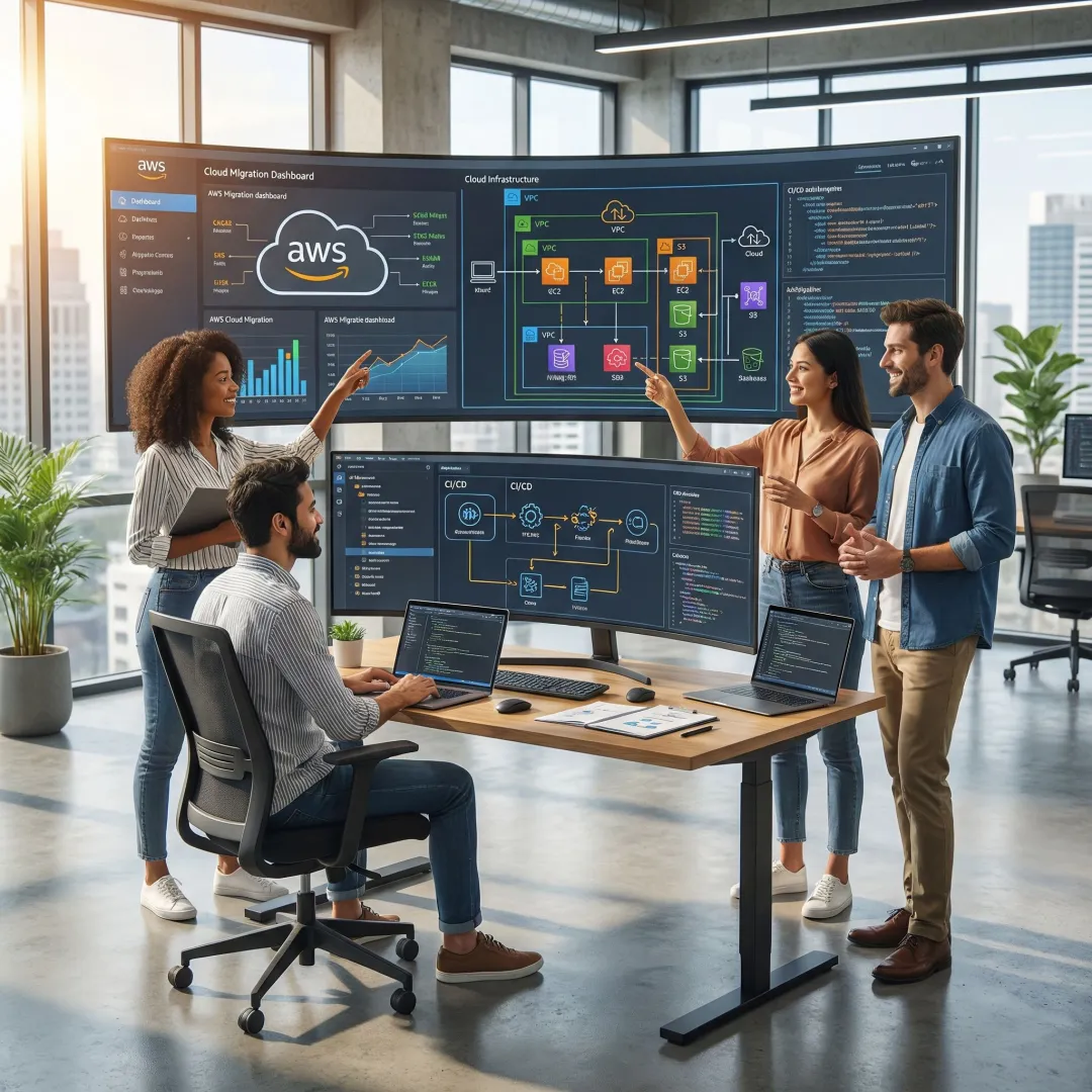AWS cloud migration team executing a structured migration workflow on enterprise systems