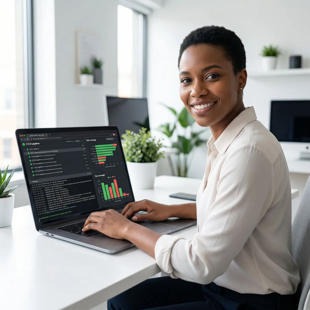 QA engineer executing automated test scripts and reviewing pipeline results on a laptop