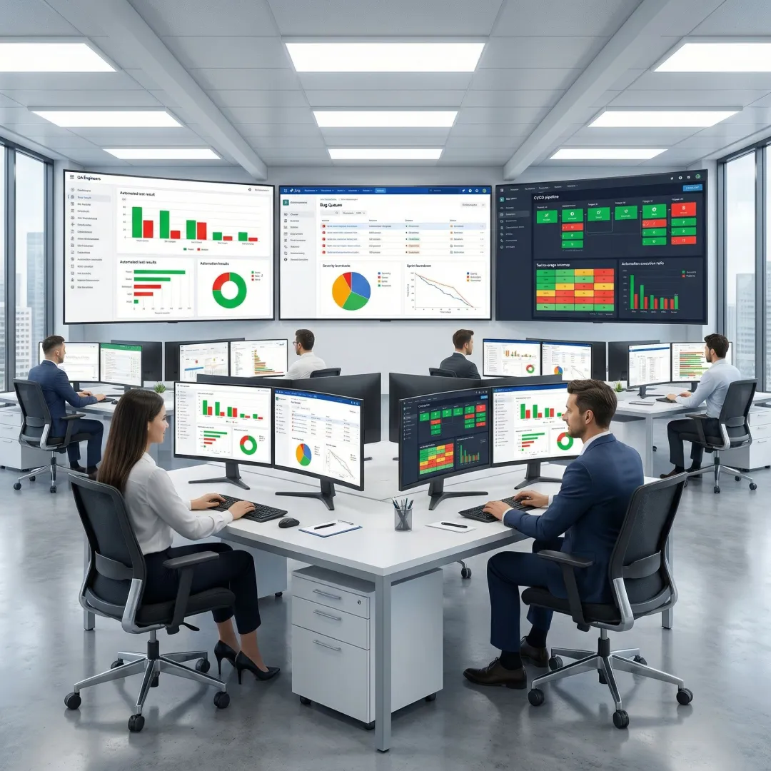 QA consultants reviewing software testing dashboards and test automation frameworks on computer screens