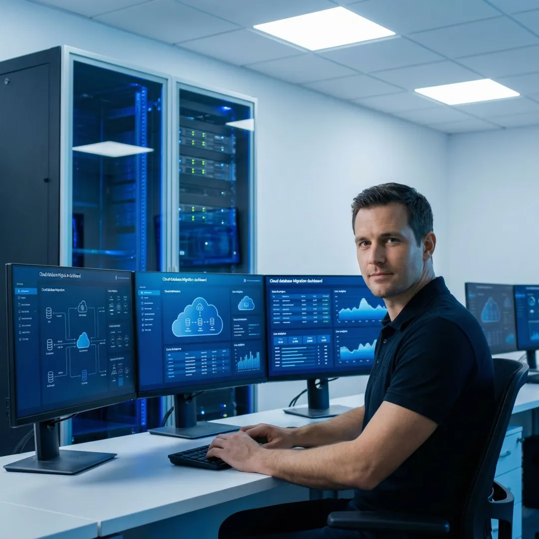 Enterprise cloud database migration in progress on a modern dashboard interface