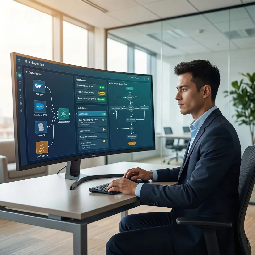 AI agent system orchestrating tasks across enterprise finance and HR platforms