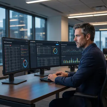 Cybersecurity consultant monitoring retail security dashboards