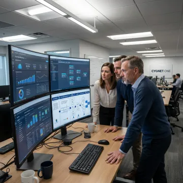 Enterprise data warehouse modernization team reviewing cloud analytics dashboards