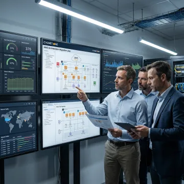 Cloud modernization engineers reviewing enterprise migration dashboards