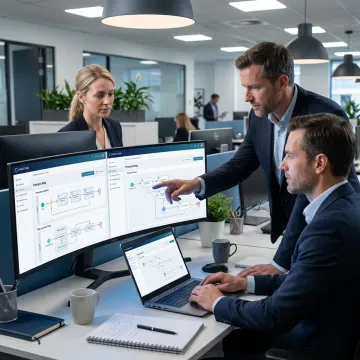 Enterprise automation consultants reviewing workflow dashboards