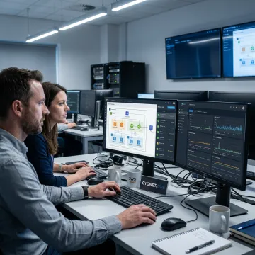 Cloud engineers reviewing infrastructure operations dashboards