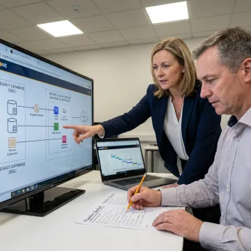 Consultants reviewing data migration workflow and cloud architecture