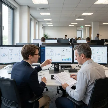 Enterprise data migration team reviewing cloud platform architecture