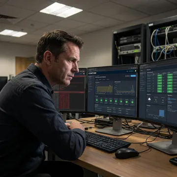 Engineer reviewing managed IT monitoring dashboards
