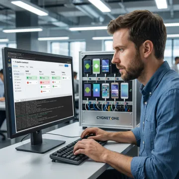 Engineer running automated mobile test scripts