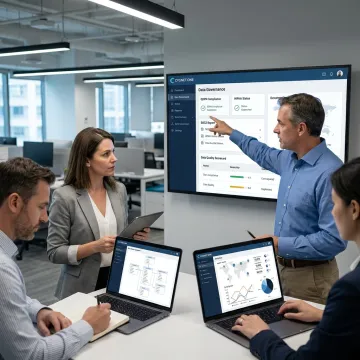Data governance consultants reviewing enterprise dashboards