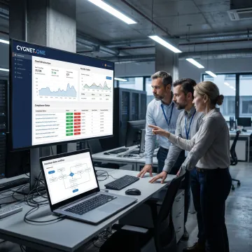 Insurance IT team reviewing secure digital platforms