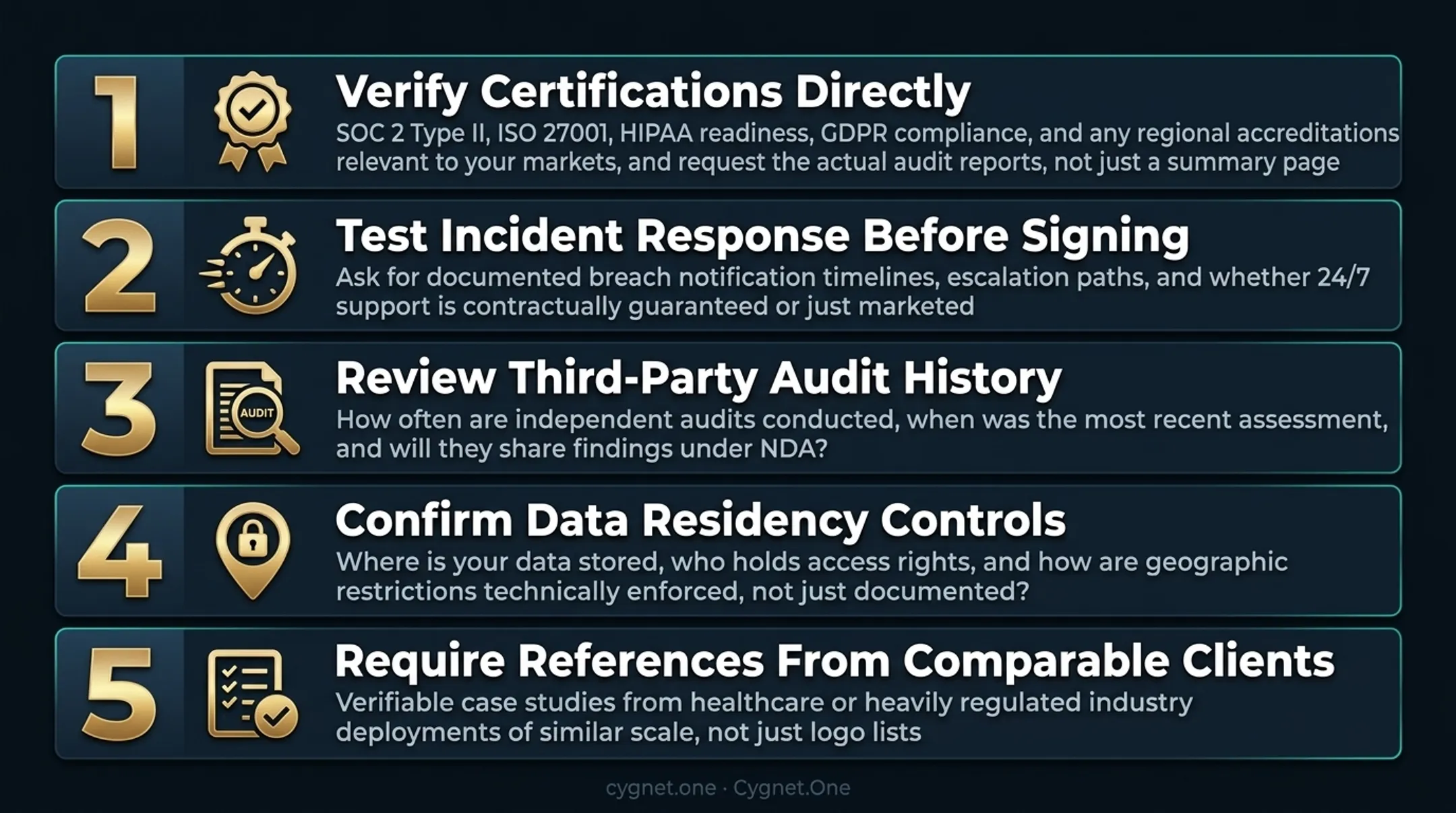 5-point healthcare data security partner evaluation checklist infographic with key verification criteria