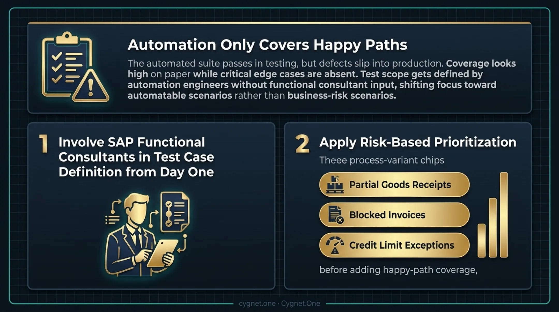 Three common SAP test automation failures with root causes and recommended fixes side by side
