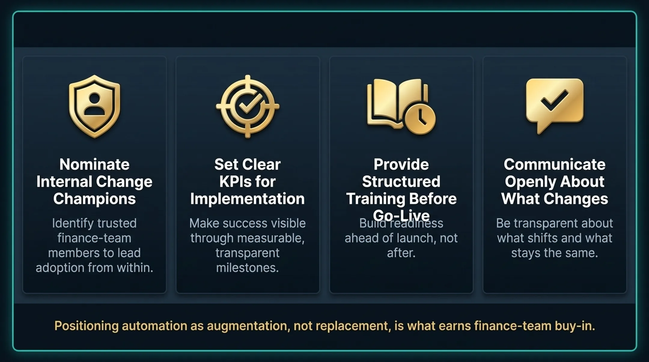 Four-step finance automation change management process from champions to communication