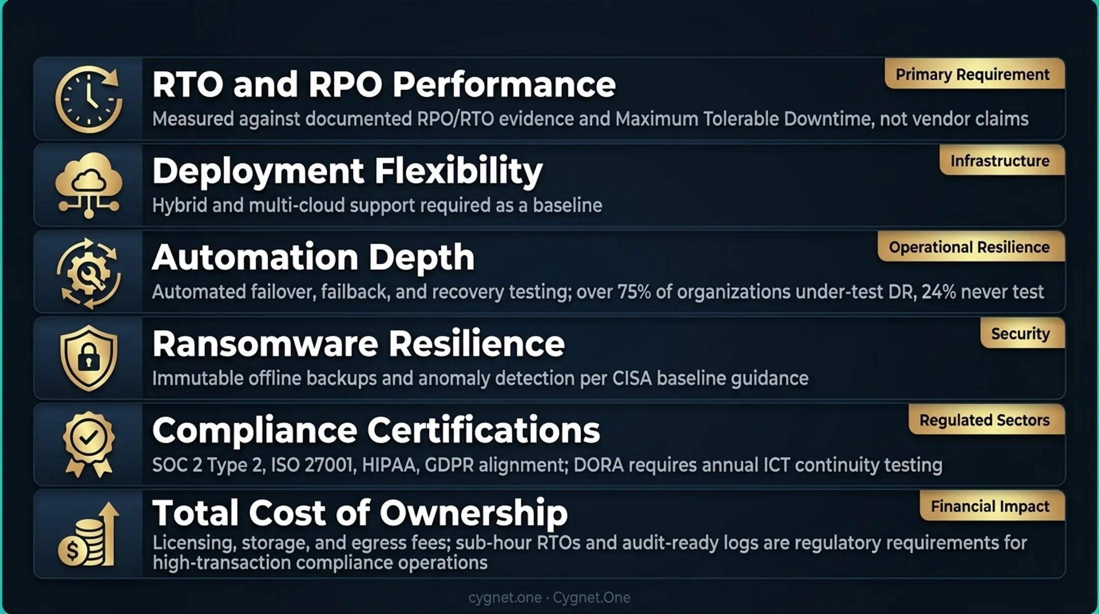 Six disaster recovery software evaluation criteria process infographic with icons and descriptions