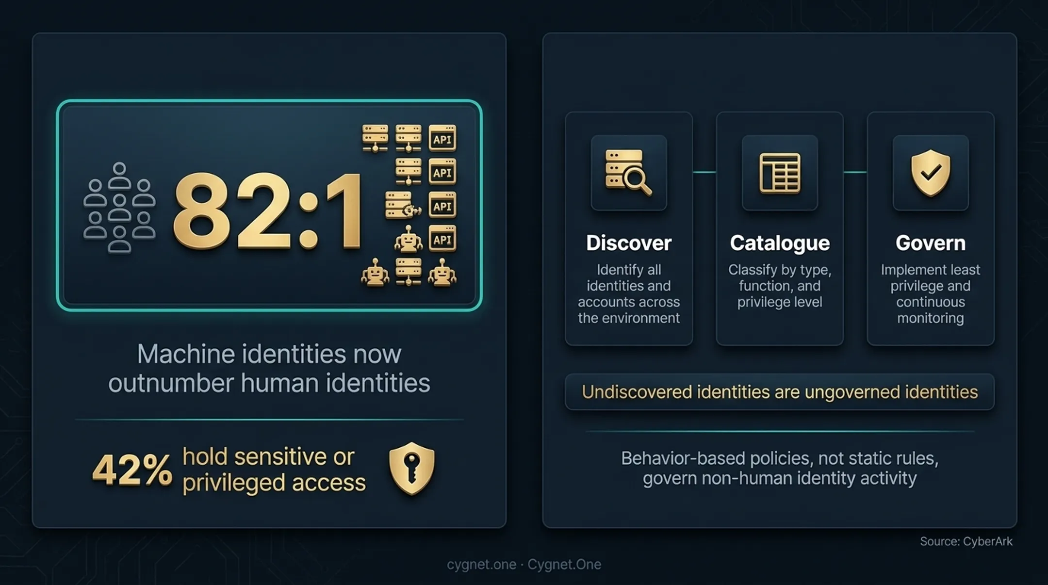 Machine versus human identity ratio infographic showing 82 to 1 privileged access risk