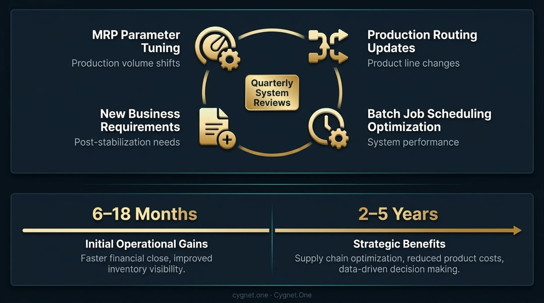 SAP ROI realization two-stage timeline from go-live to strategic benefits over five years