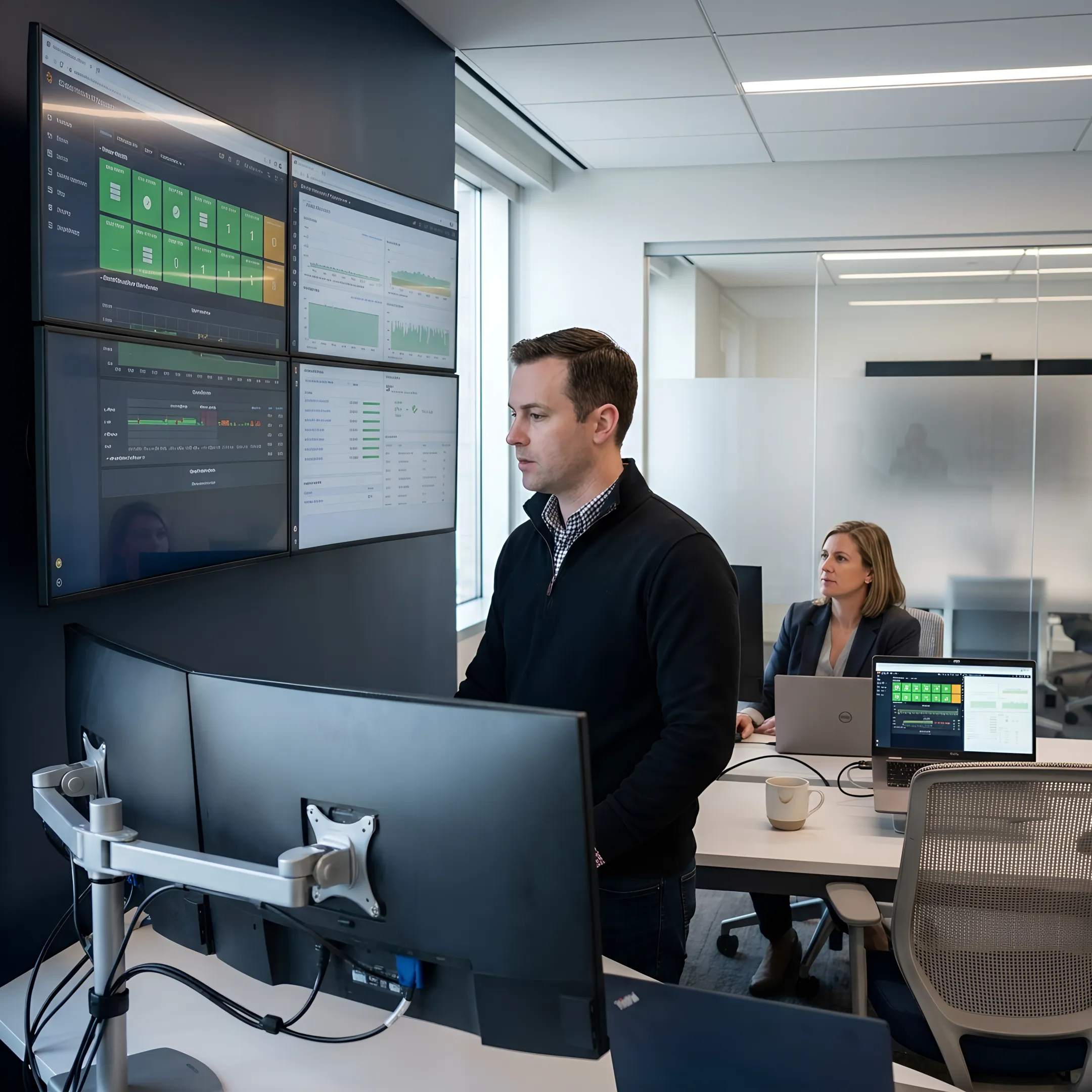 Enterprise IT team reviewing cloud infrastructure performance and compliance dashboards across UK and India operations