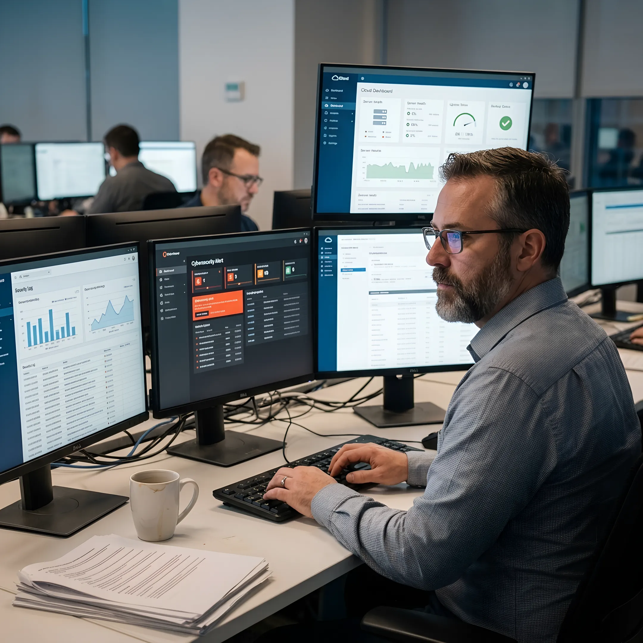 IT specialist monitoring enterprise systems and cybersecurity dashboards