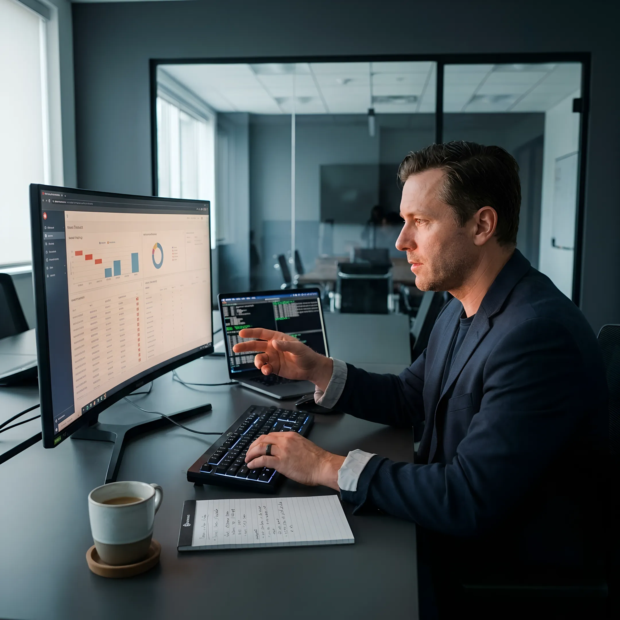 Healthcare cybersecurity consultant reviewing secure patient data systems
