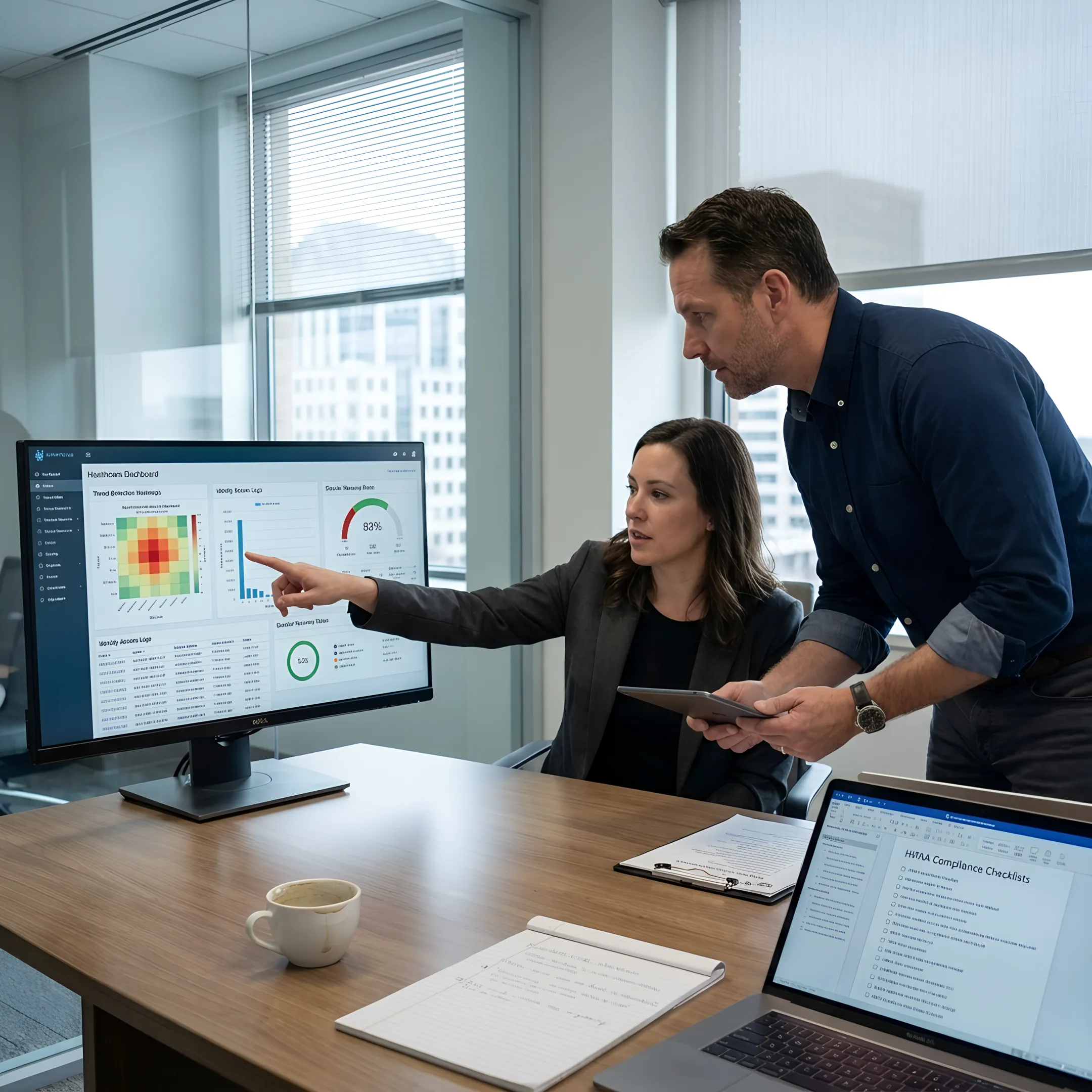 Cybersecurity team analyzing healthcare compliance and threat monitoring workflows
