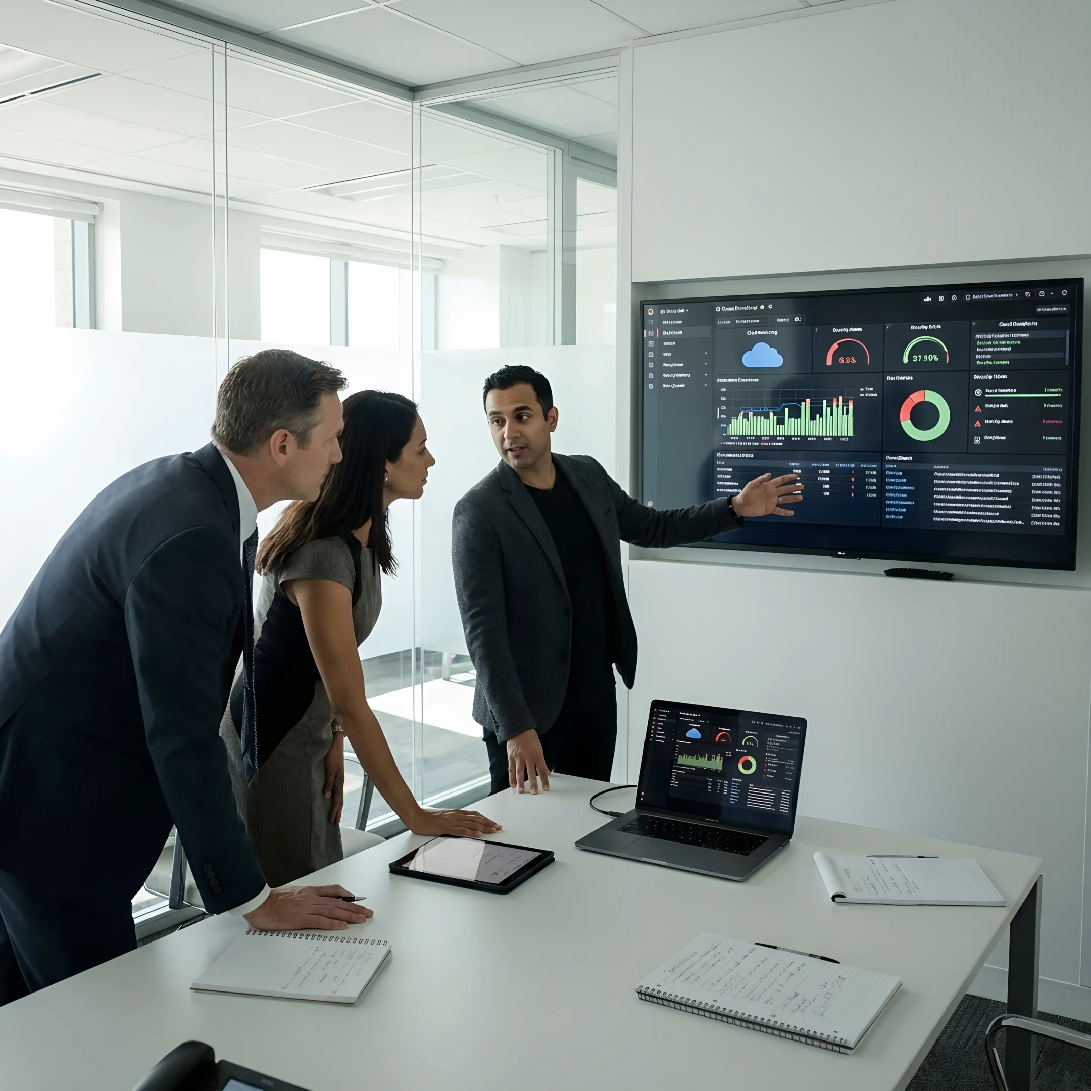 IT experts reviewing managed services dashboards