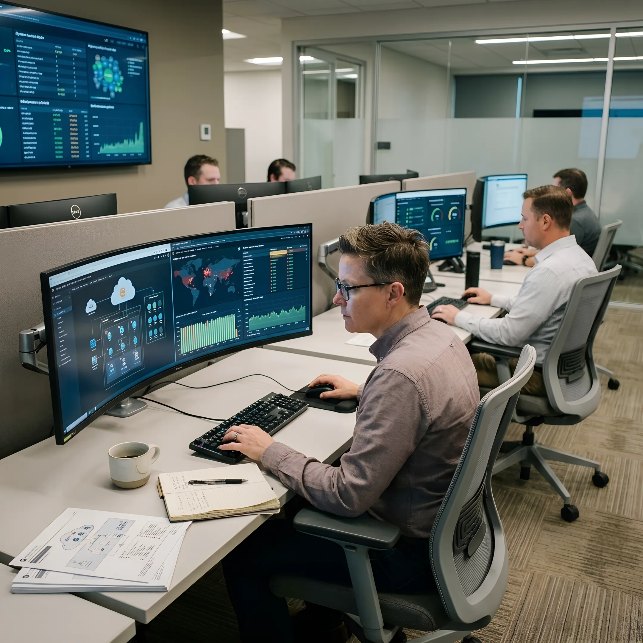 Managed IT service team reviewing systems