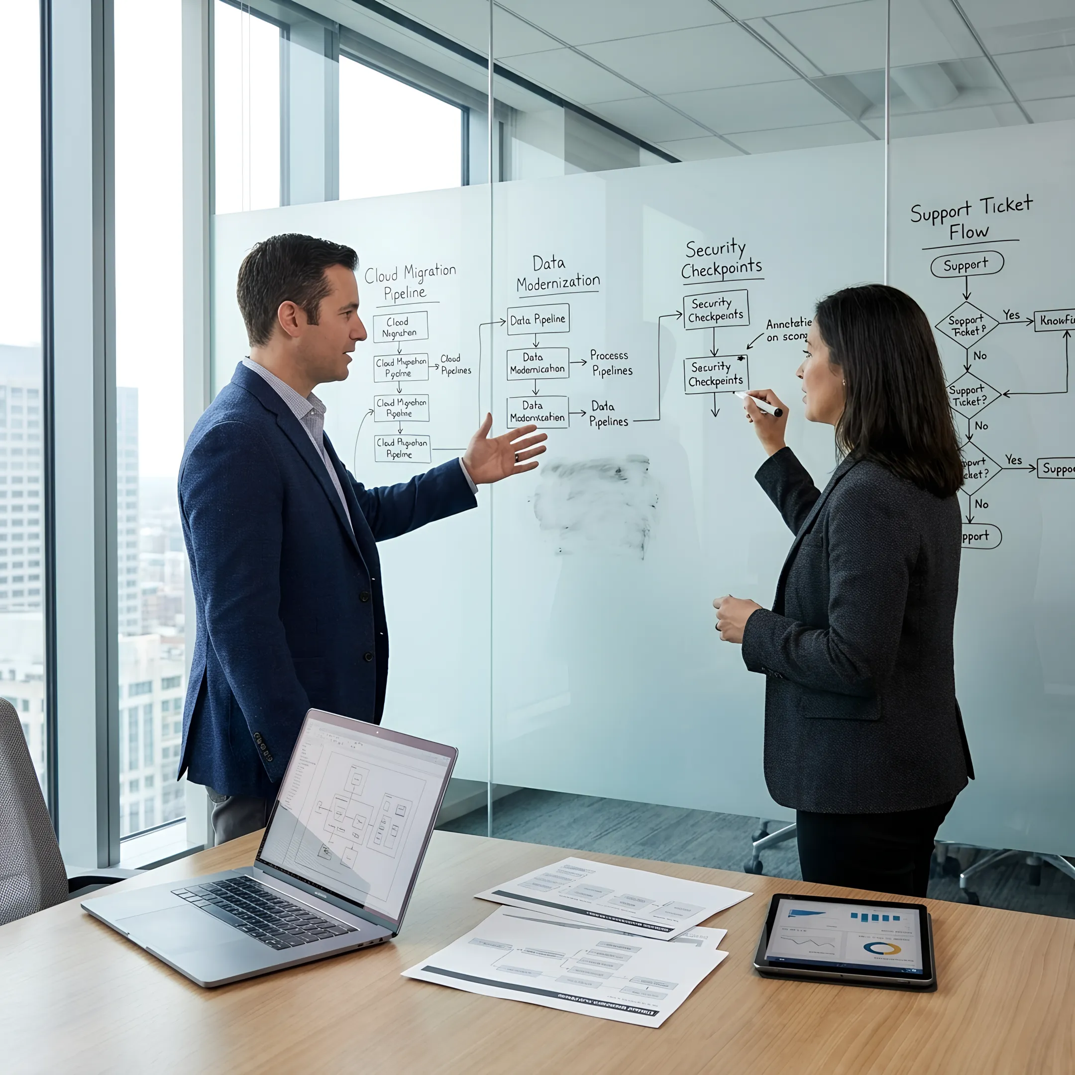 Consulting team mapping enterprise technology transformation process