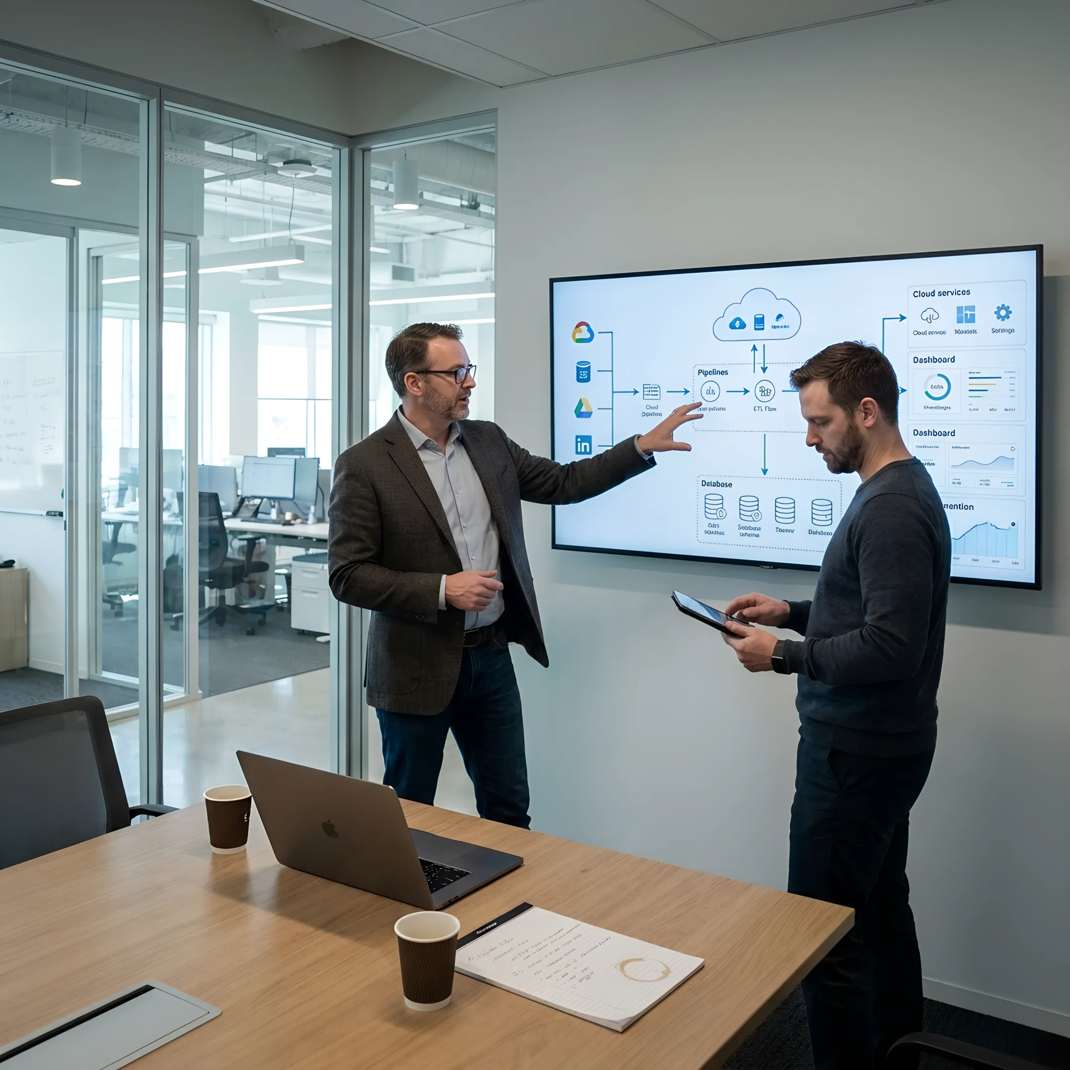 Data warehouse consultants reviewing analytics architecture