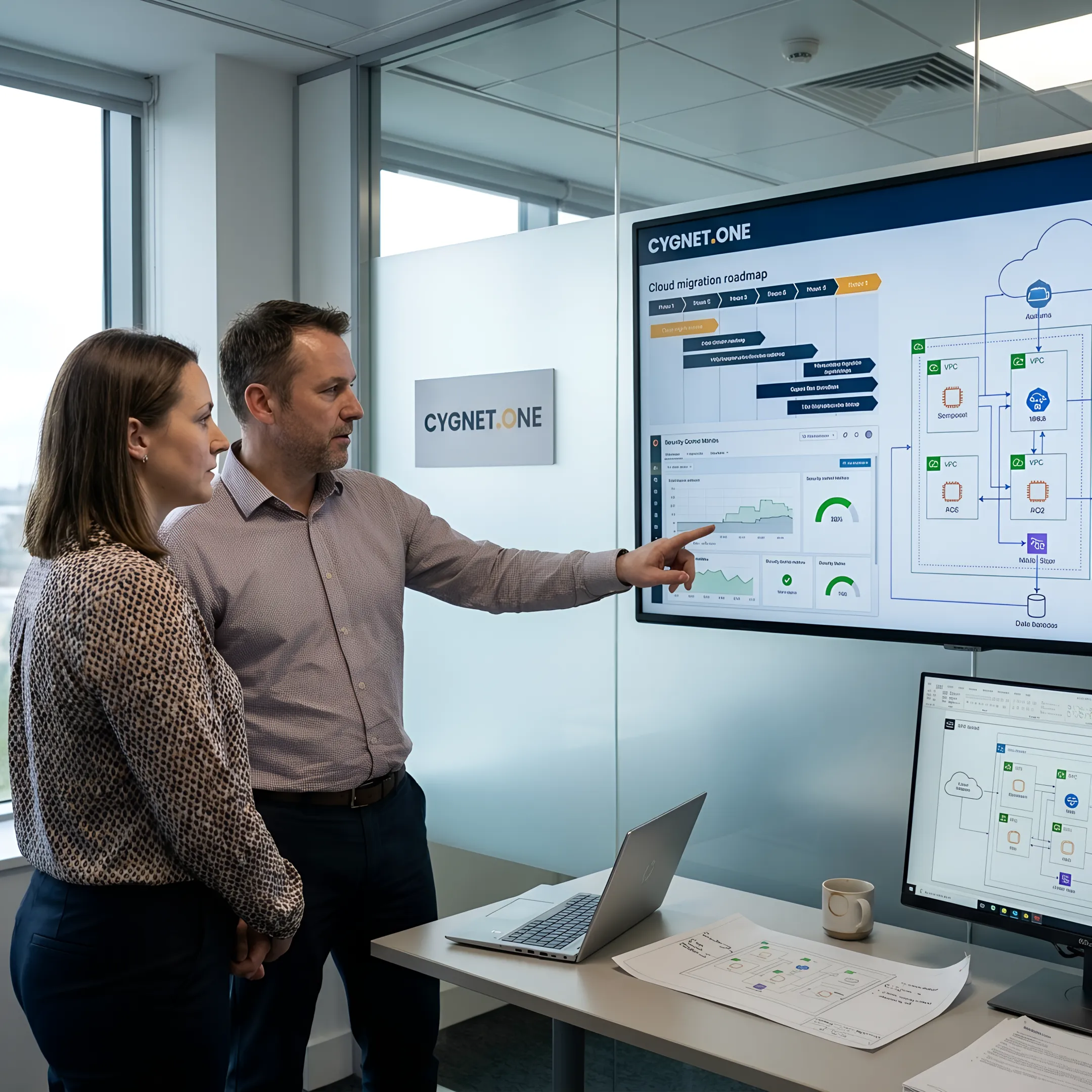 Consultants reviewing IT infrastructure plans