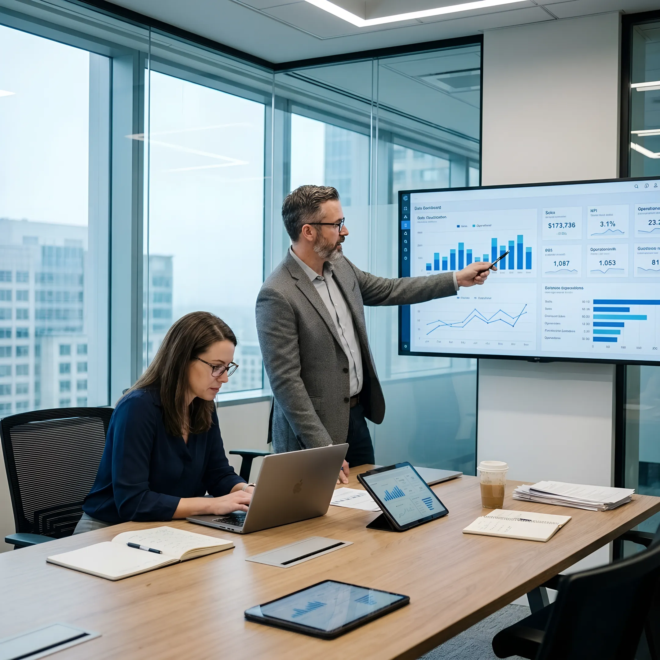 Business analytics consultants reviewing enterprise dashboards