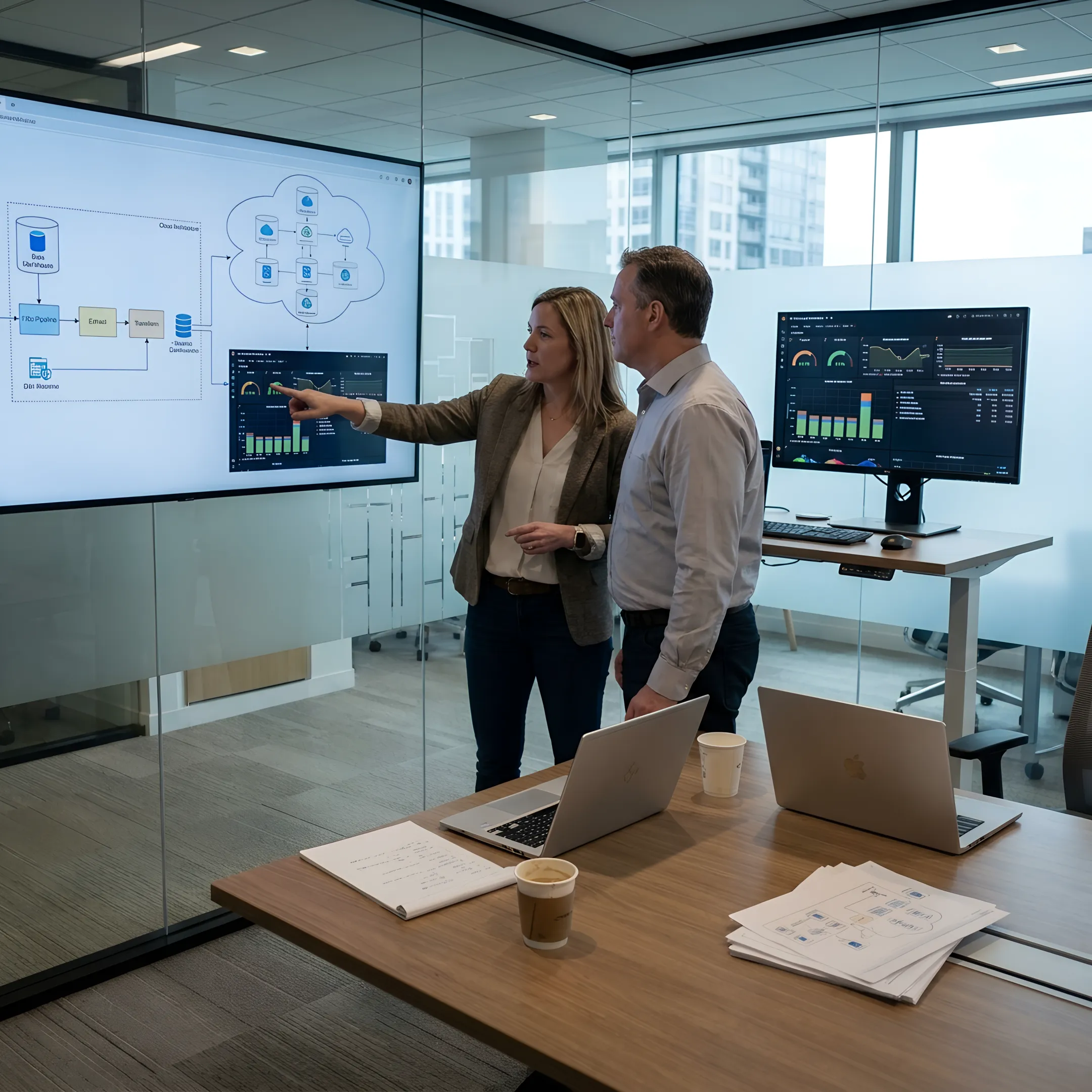 ETL consultants reviewing data pipeline dashboards