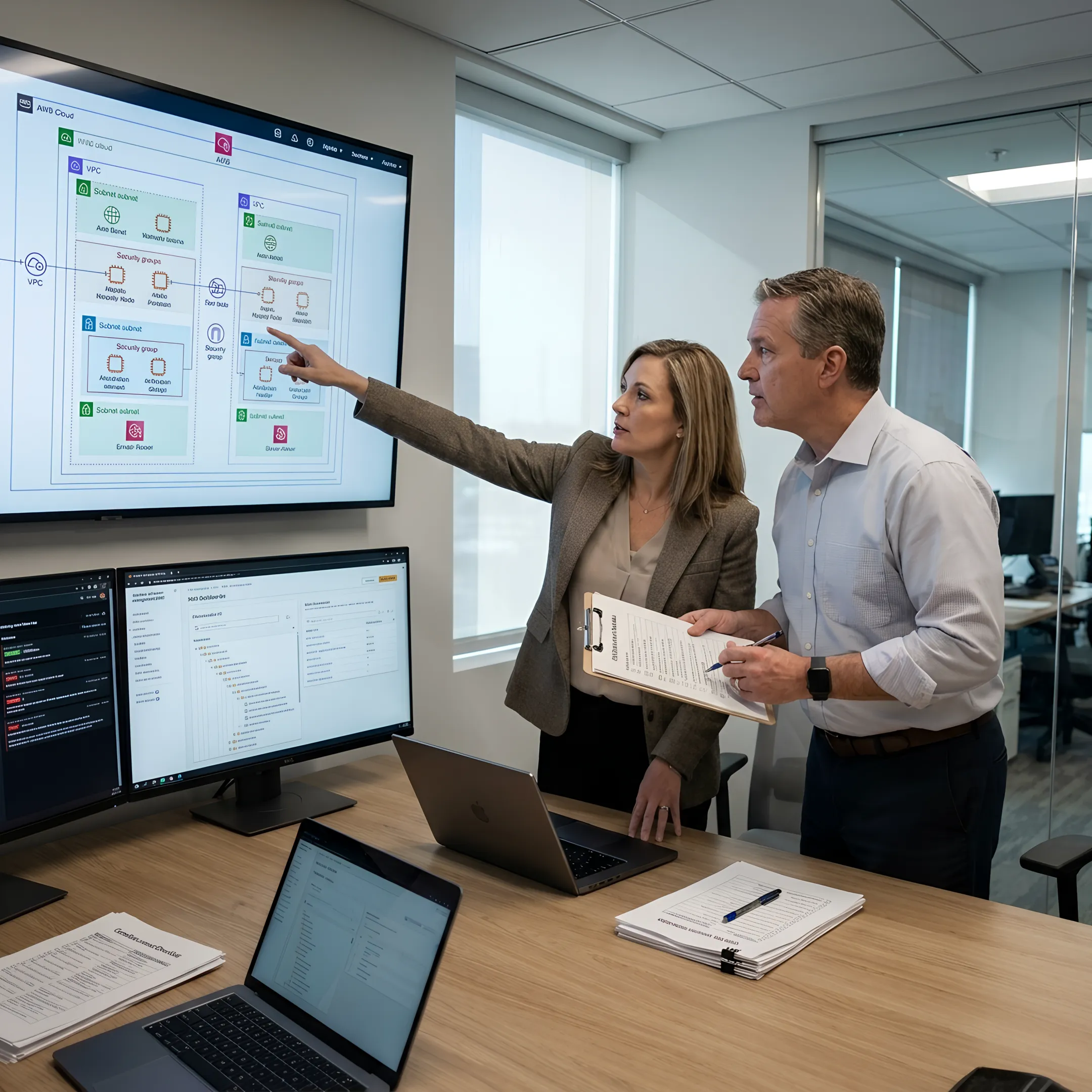 Cloud security team reviewing AWS PCI architecture plans