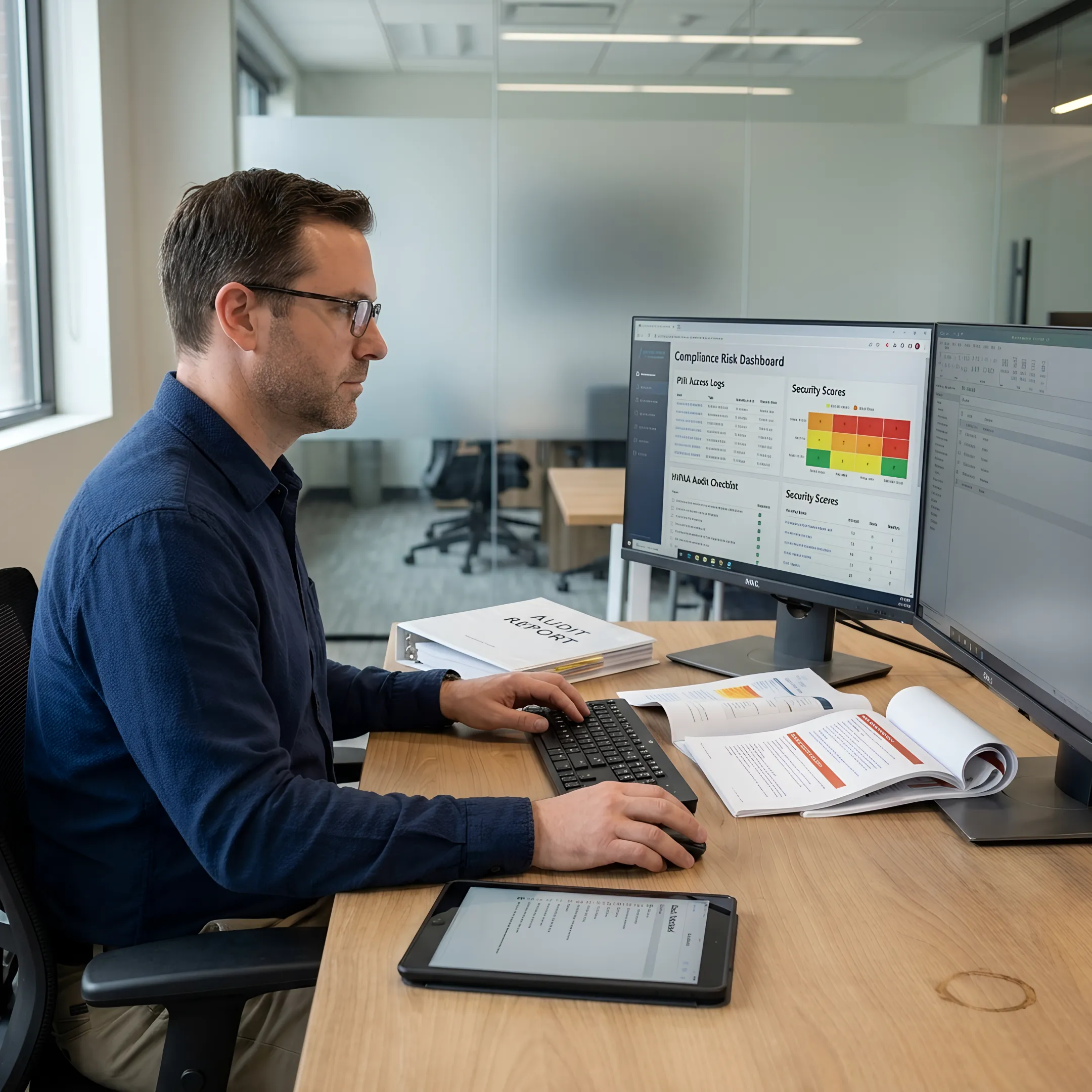 Healthcare compliance consultant reviewing security controls