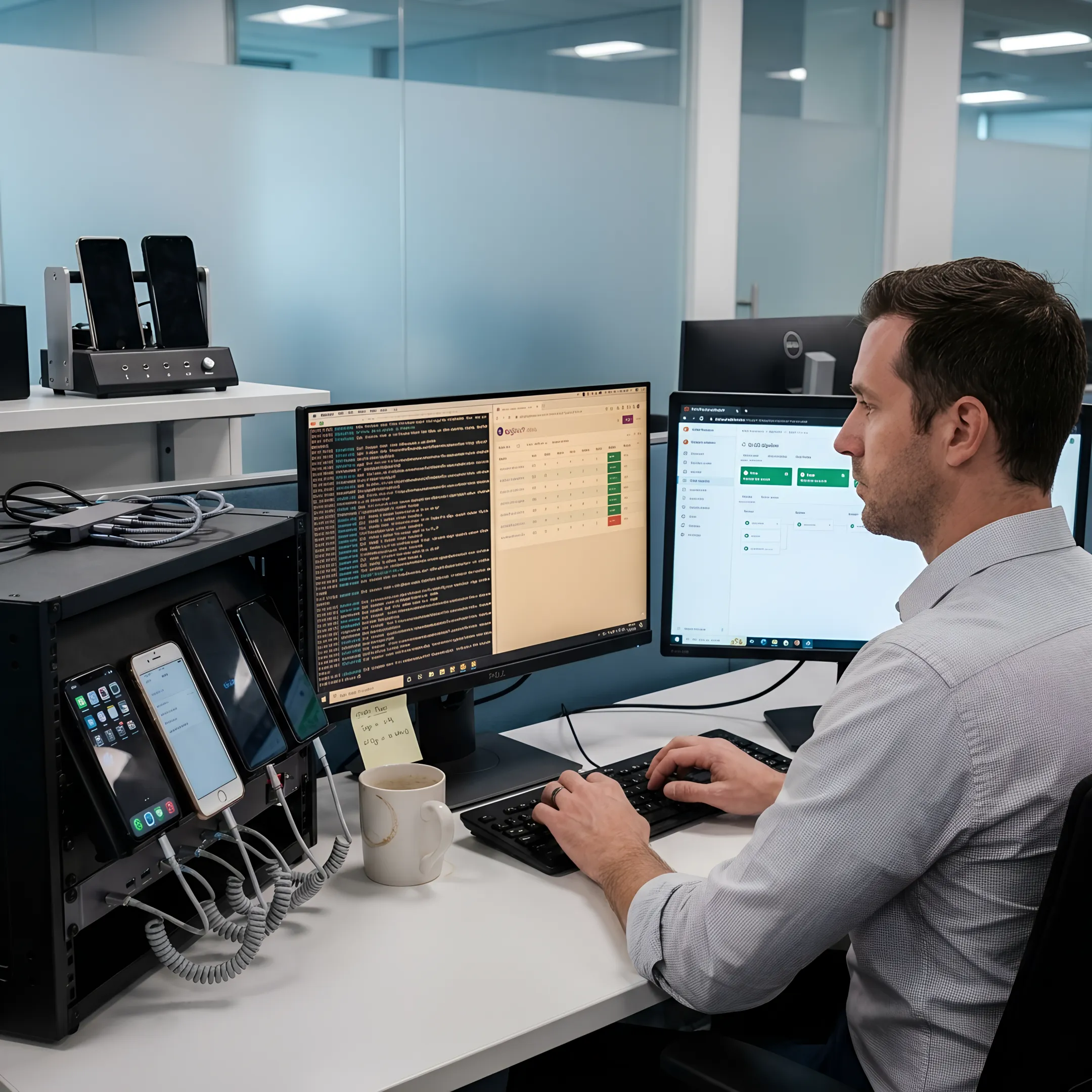 Engineer running automated mobile test scripts