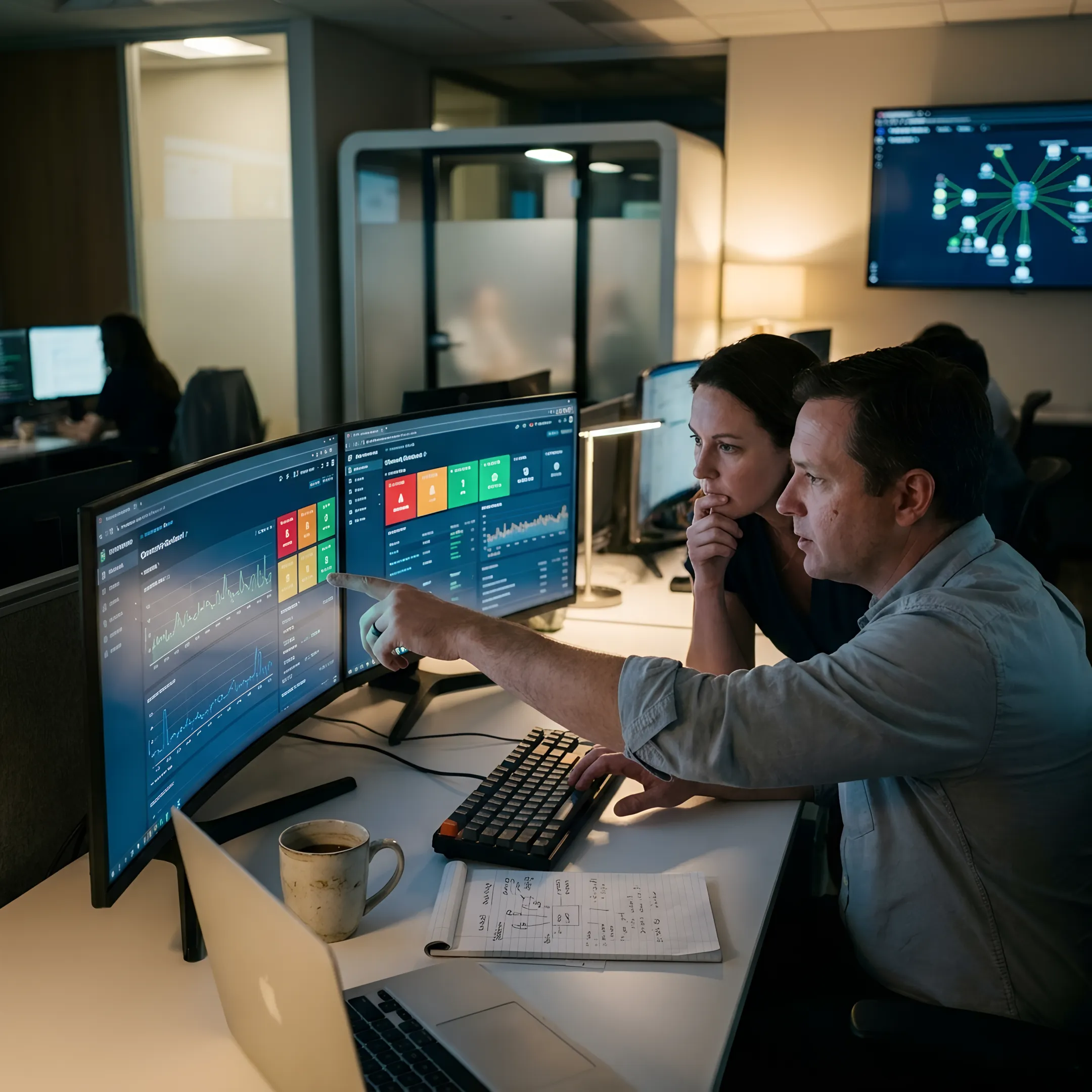 IT specialists reviewing enterprise monitoring dashboards