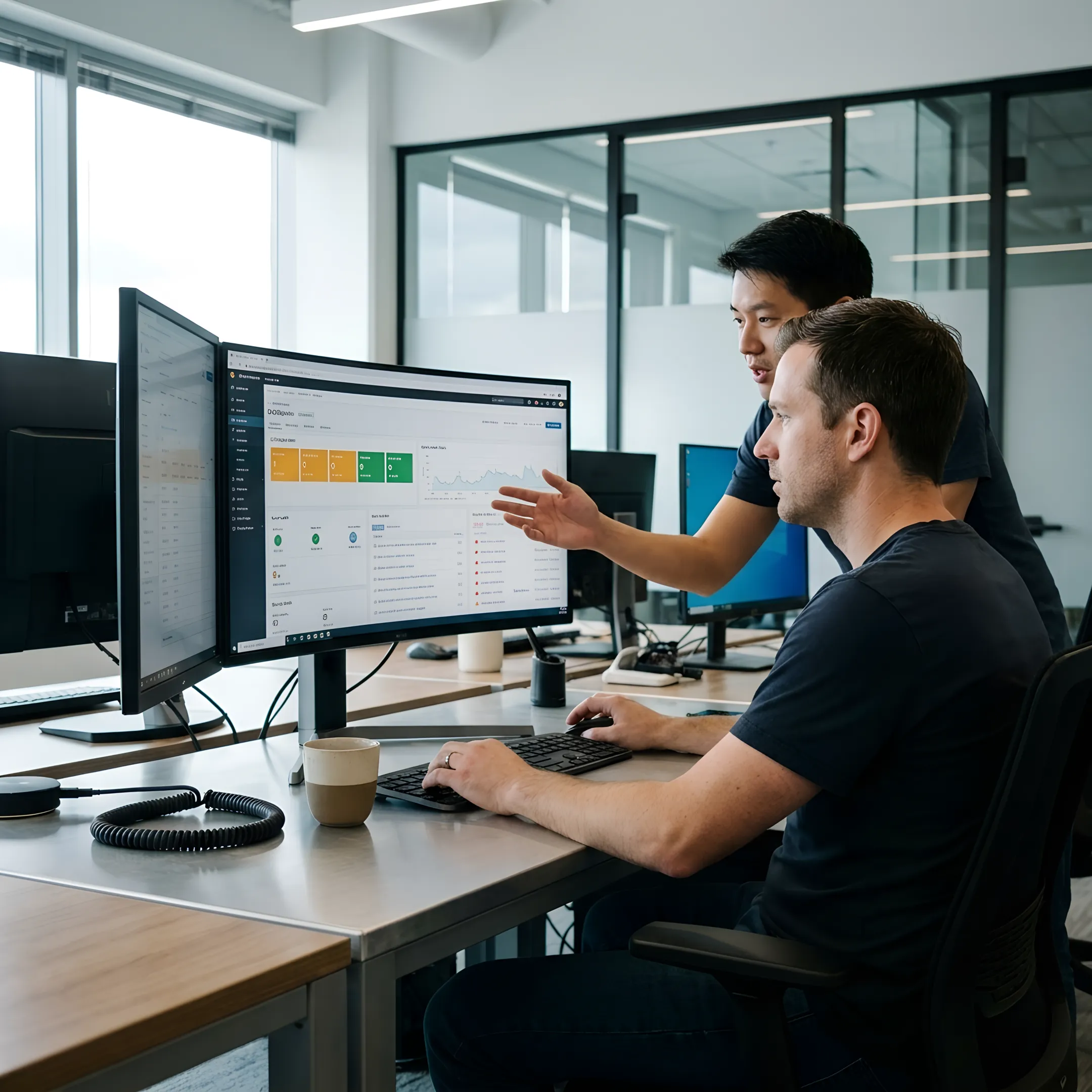 DevOps engineers monitoring cloud infrastructure dashboards